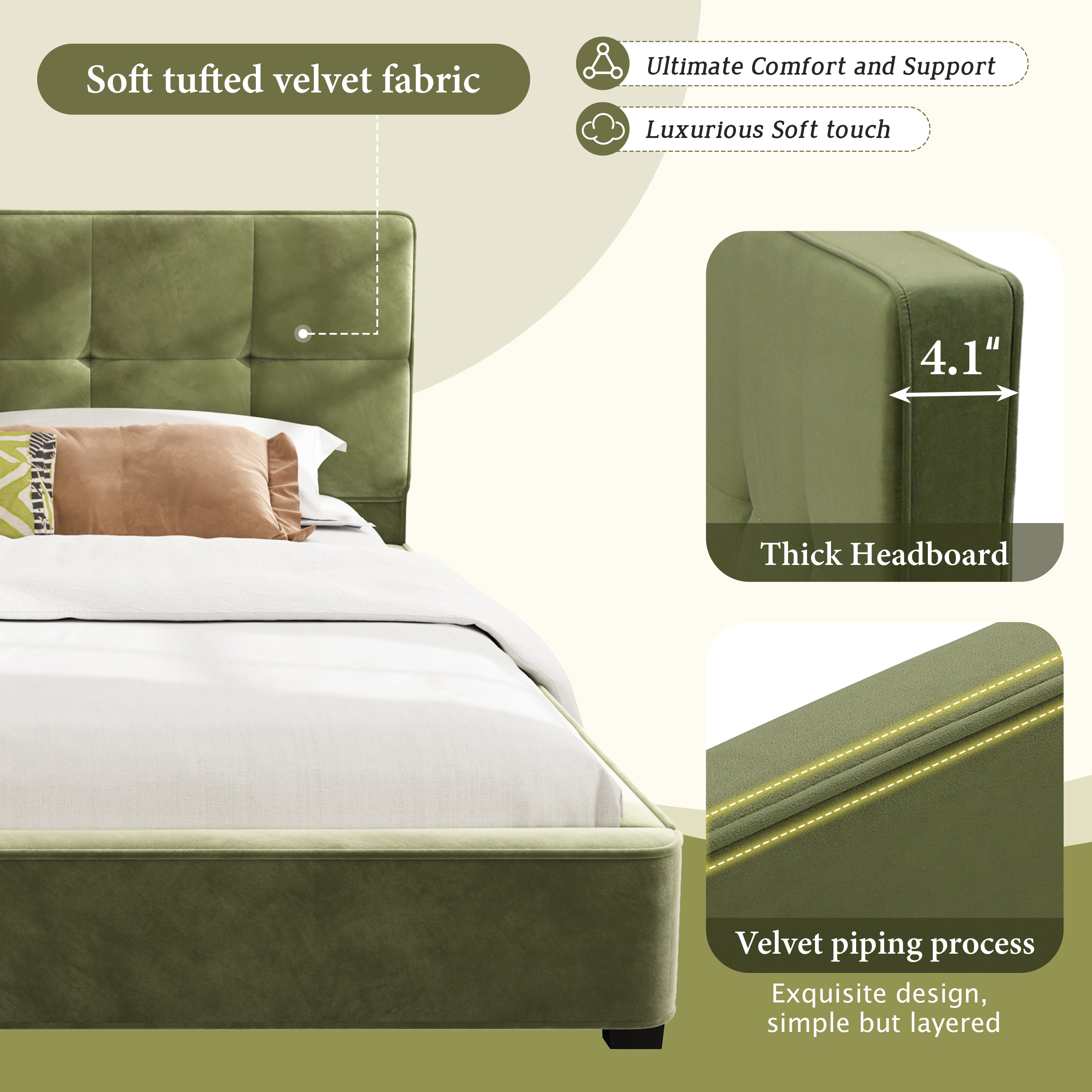 King Size Velvet Bed Frames, Upholstered Platform Bed With Curved Tufted Headboard, Soft Square Corners, Olive Green