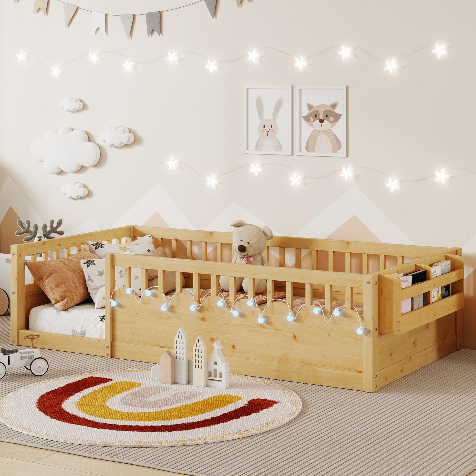 Twin Montessori Floor Bed Frame With High Rails, Wood Kids Floor Beds With Light And Storage Shelf, Natural Expect Arriv