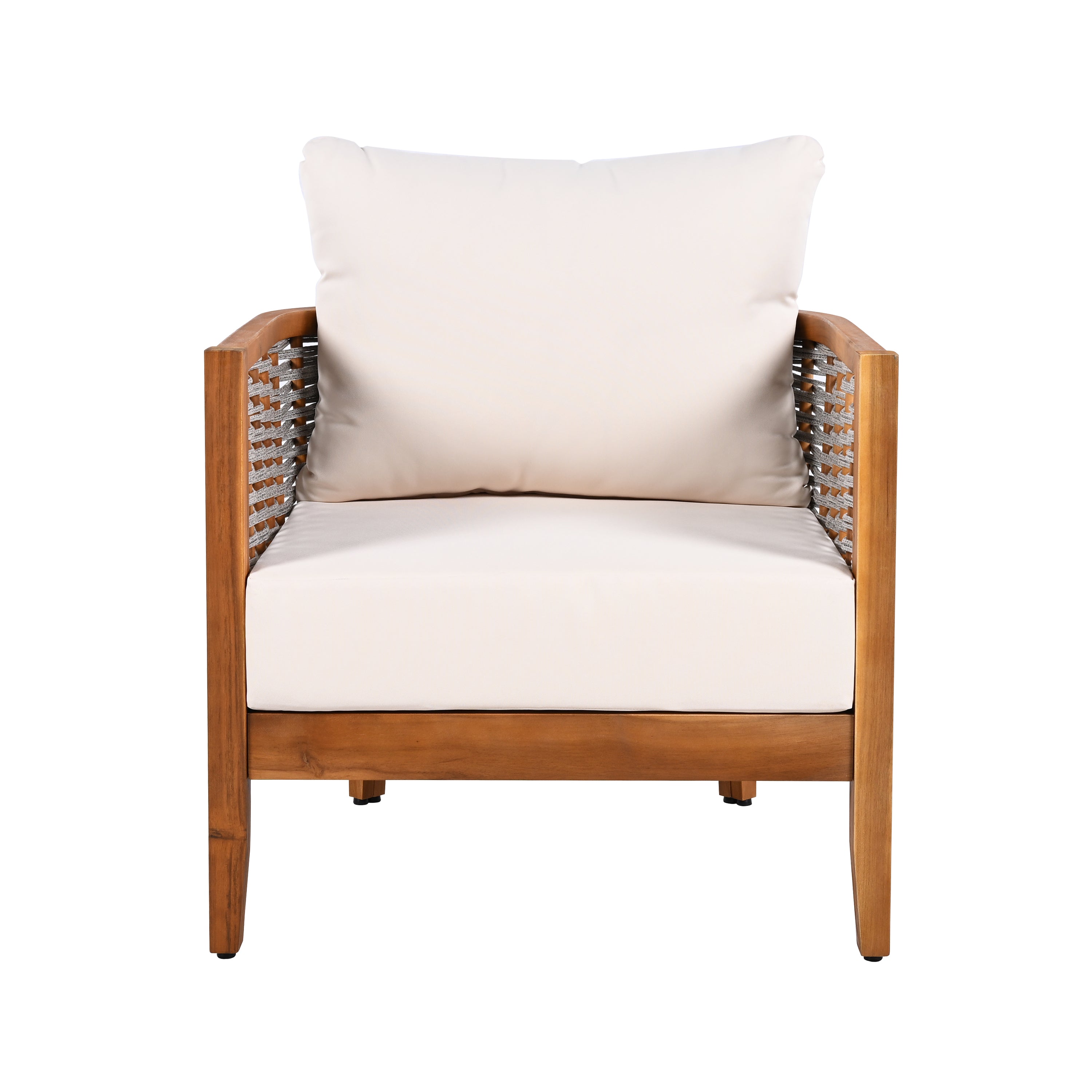 Outdoor Unique Tub Design Armchair With Woven Rope, Patio Furniture Acacia Wood Chair,  Deep Seating With Soft Cushions