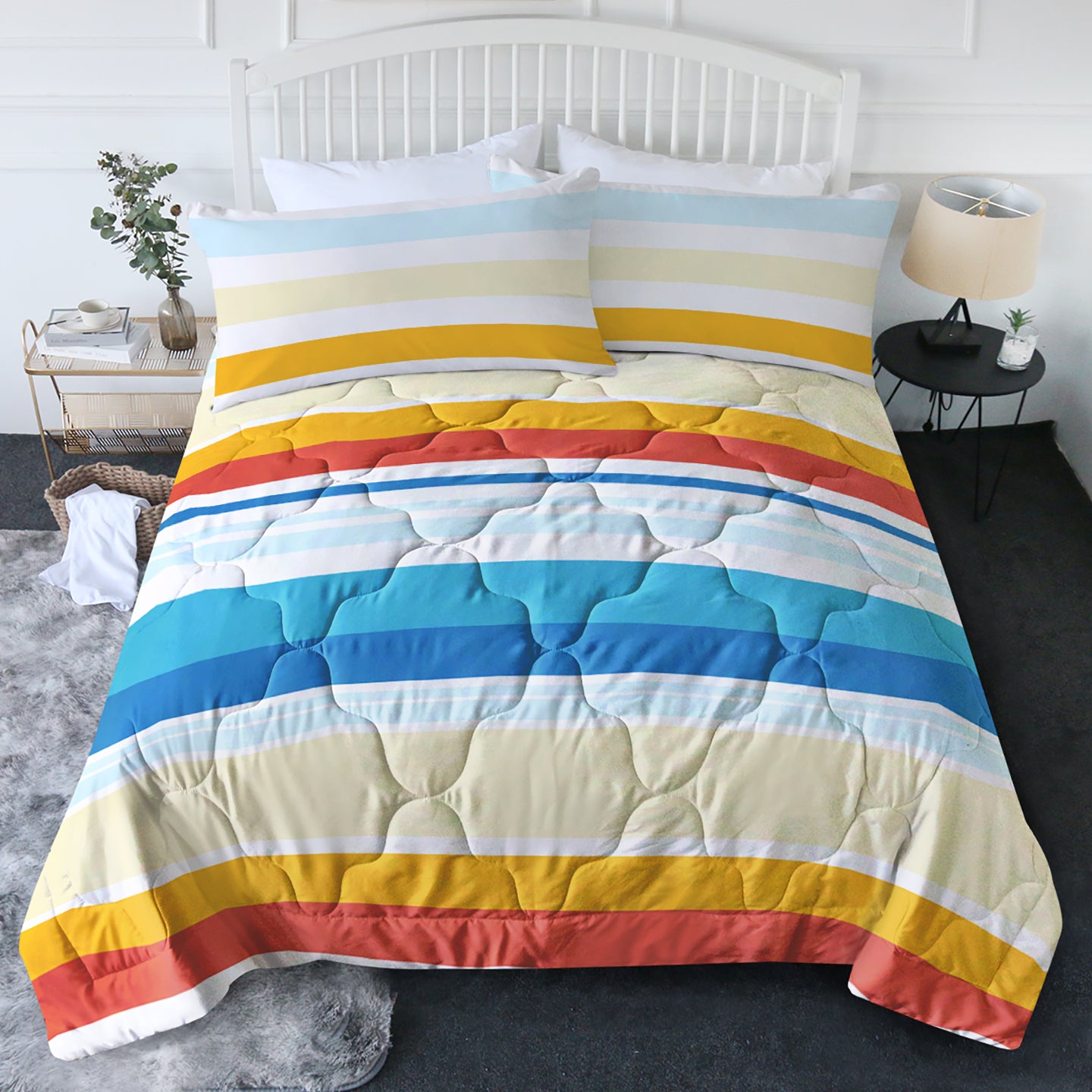 3pcs Soft And Comfortable Bedding Comforter Set Items With Rainbow Stripes, Including One Comforter Set And Two Pillowca