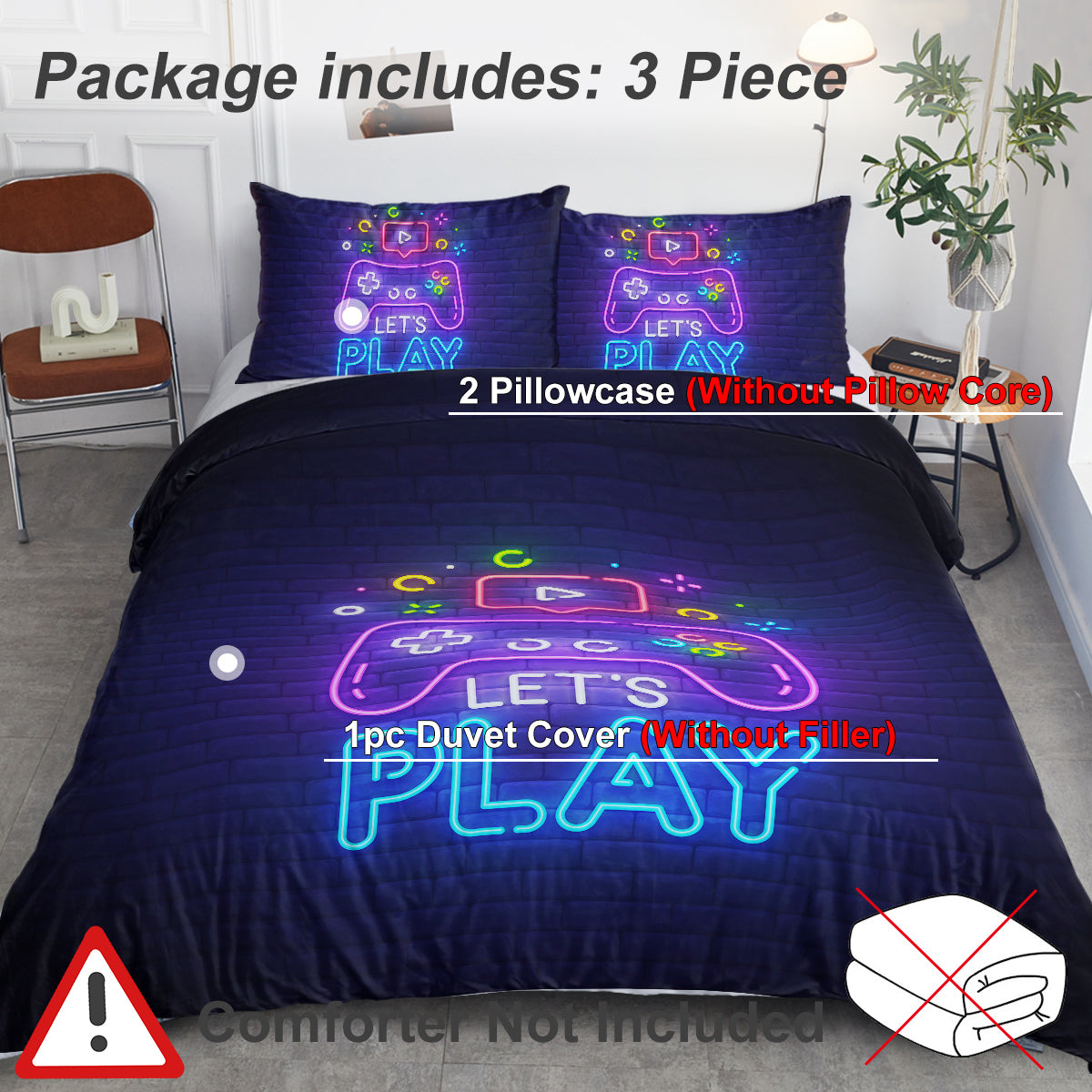 Gaming Duvet Cover Set Twin Full Queen King Size Video Game Controller Bedding Set, Boys Video Games Comforter Cover Wit