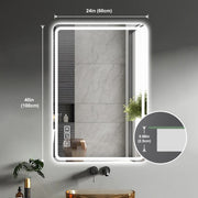 24X40 Inch LED Bathroom Mirror Vanity Mirrors With Front Lights Wall Mounted Anti-Fog Frameless Make Up Mirror With Ligh