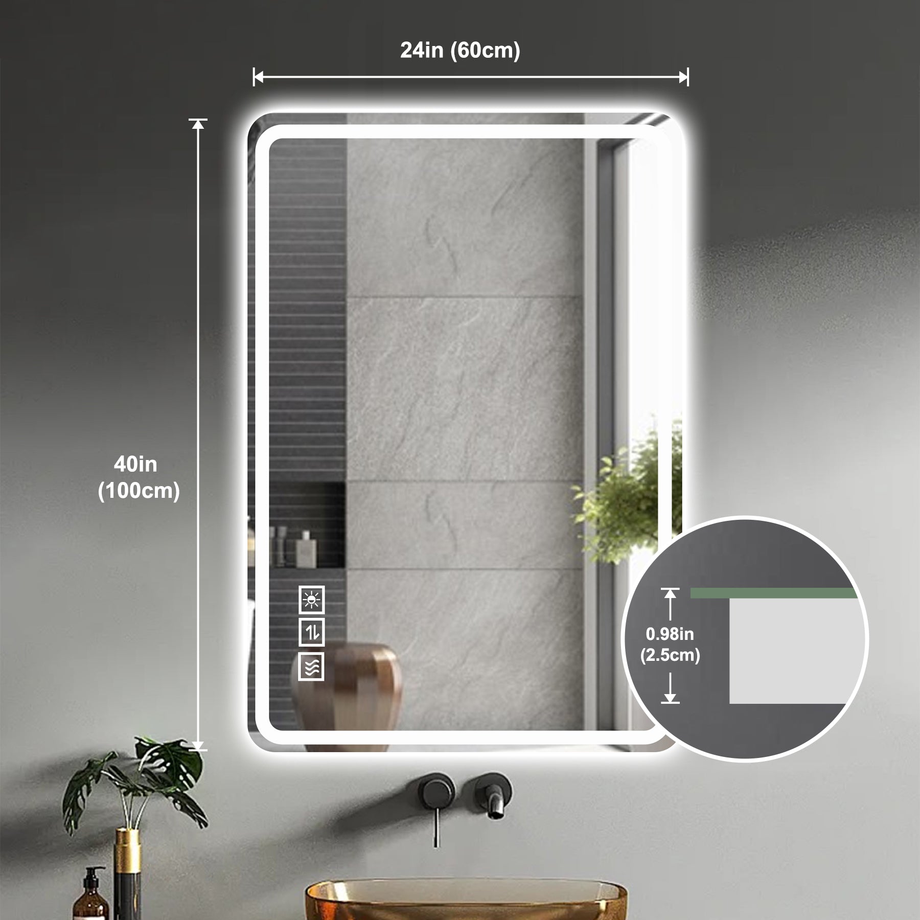 24X40 Inch LED Bathroom Mirror Vanity Mirrors With Front Lights Wall Mounted Anti-Fog Frameless Make Up Mirror With Ligh