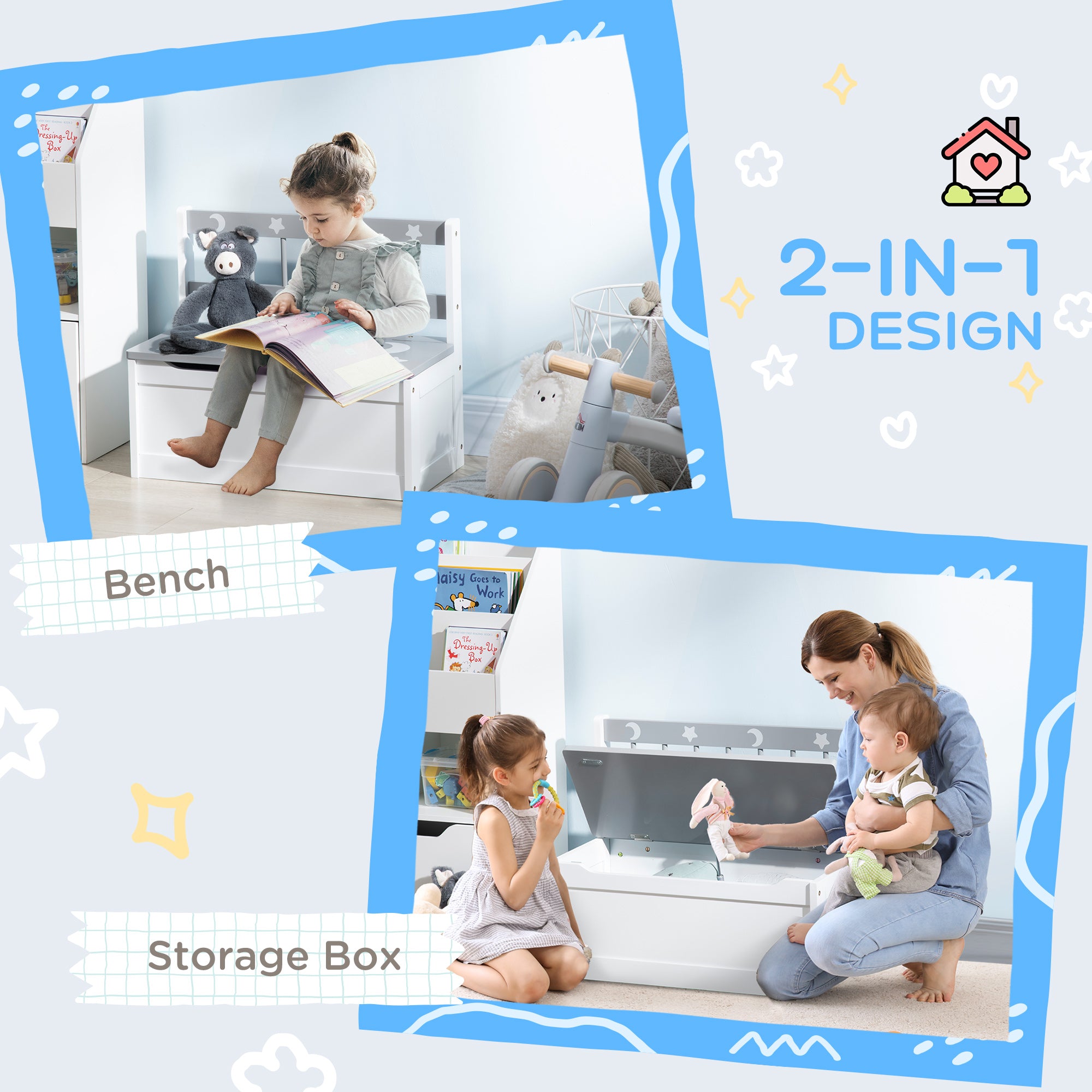 Toddler Toy Box Storage Bench with Large 27 Liter Interior, Kids Storage Bench Seat with Storage for Toddler Playroom Fu