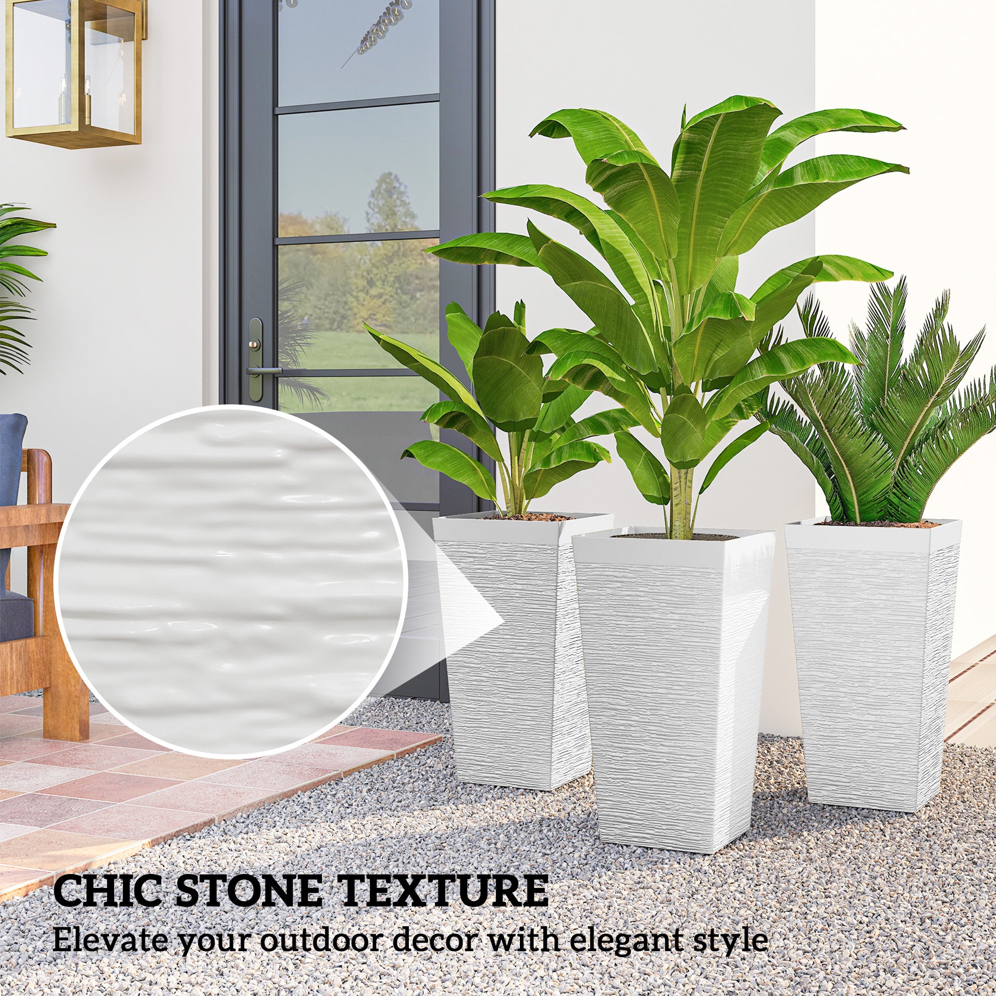 22.8 Inch Set of 3 Outdoor Planters with Stone Finish and Wheels, Stackable Tapered Planters with Drainage Hole, White