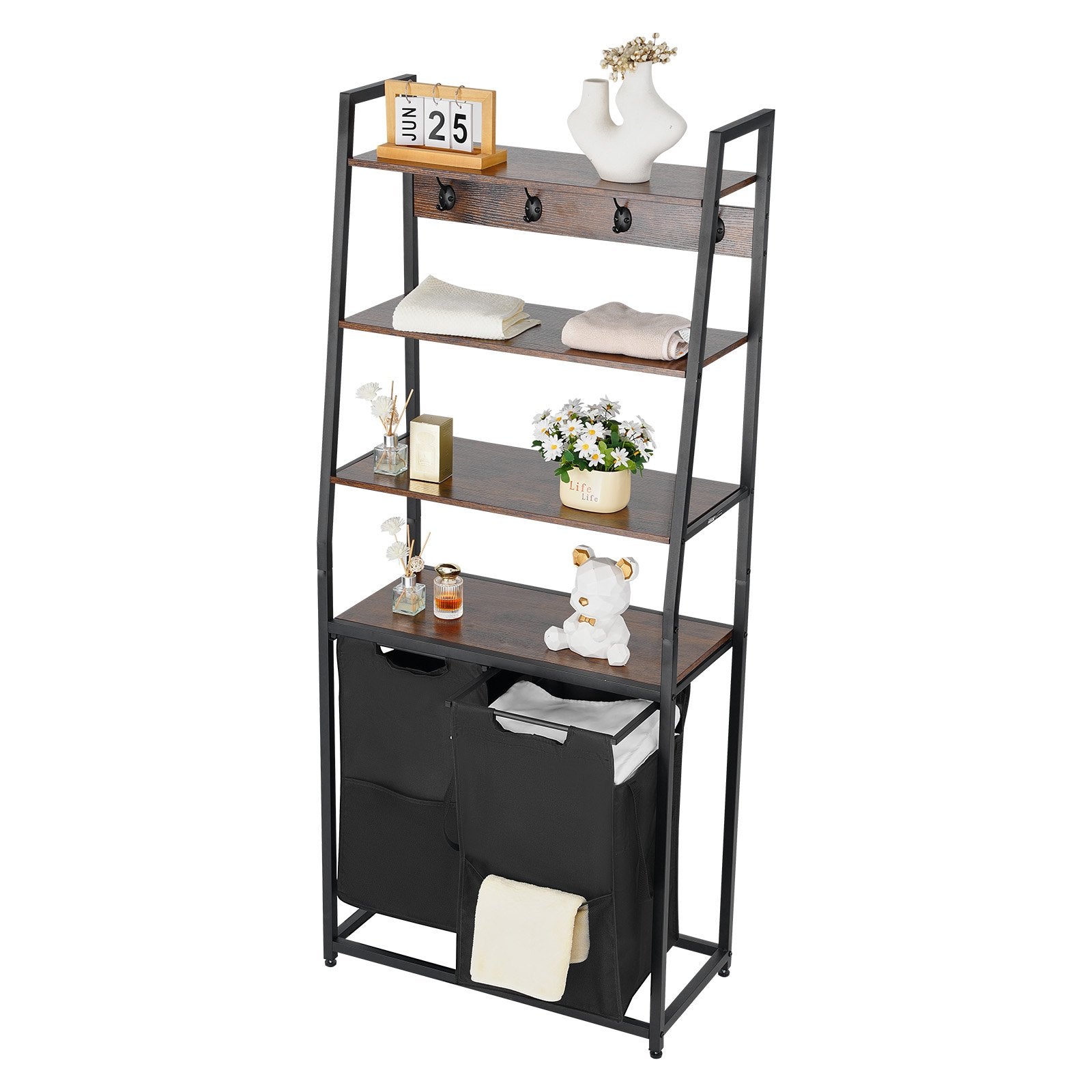 4 Tiers Laundry Sorter, Tall Laundry Hamper With Shelves And Hooks, 2 Section Freestanding Basket Organizer Storage With