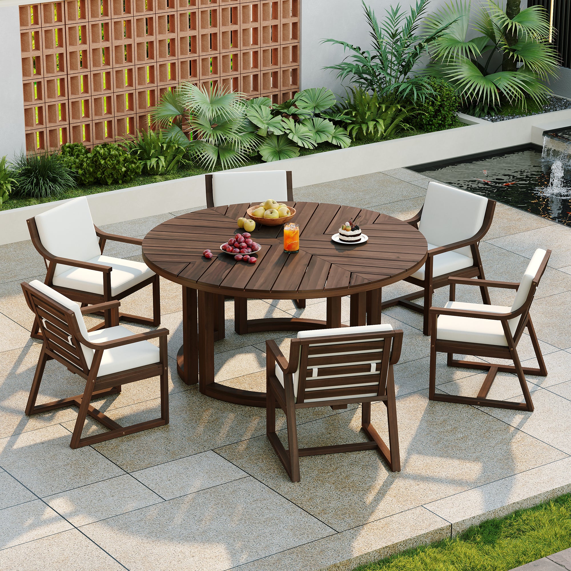 TREXM Patio Dining Table Set For 6  Round Dining Table With 1.96 Umbrella Hole  Outdoor Wooden Patio Furniture Set With Removable Cushions For Garden  Backyard And Pools  Mocha Beige Cushion