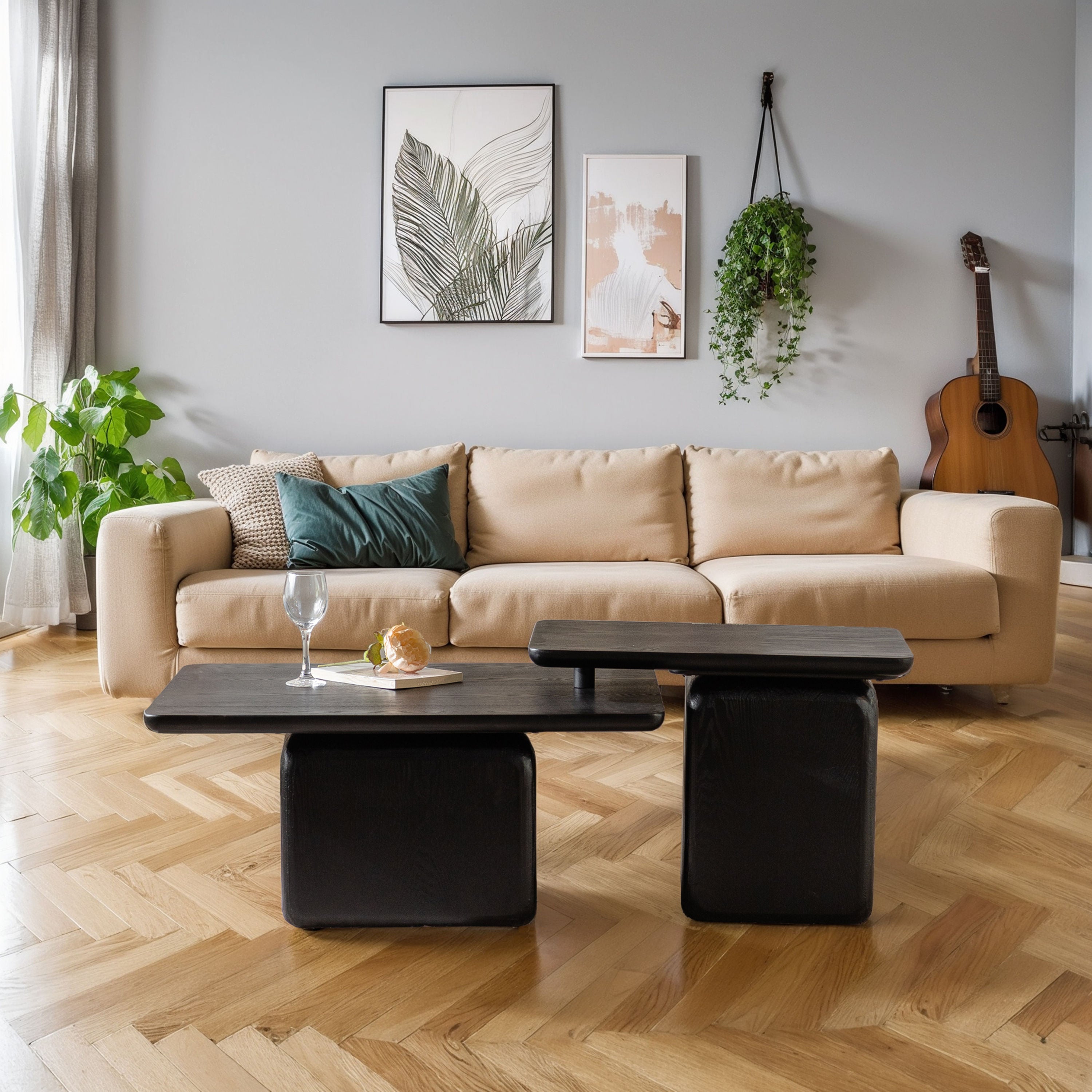 Vintage Fashion Style Square Coffee Table Set With Wood Grain Finish,for Living Room, Office And Dining Room, Black Set Of 2