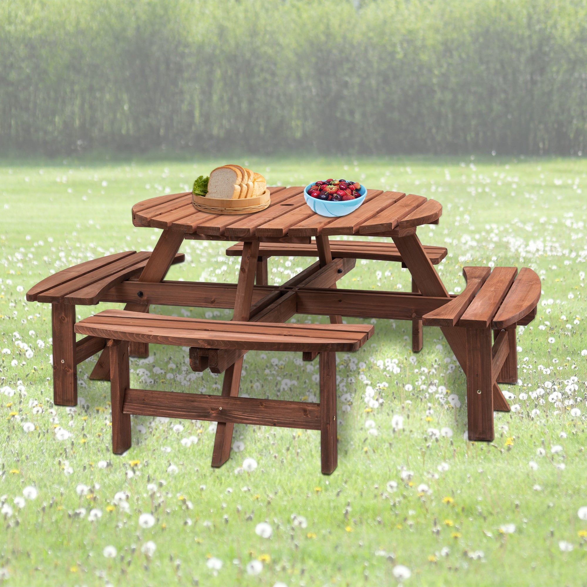 8 Person Wooden Picnic Table, Outdoor Camping Dining Table With Seat, Garden, DIY W  4 Built-in Benches, 2220lb Capacity