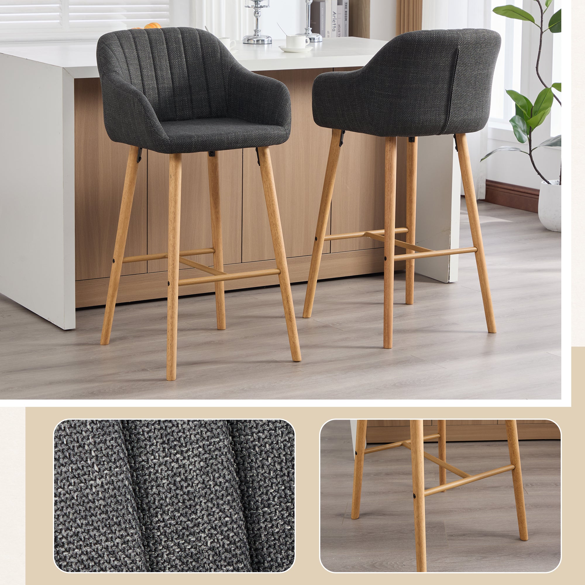 Modern Bar Stools Set Of 2, Kitchen Island Tall Chairs With Back, Arm, Footrest And Solid Wood Leg, Linen Fabric Upholst