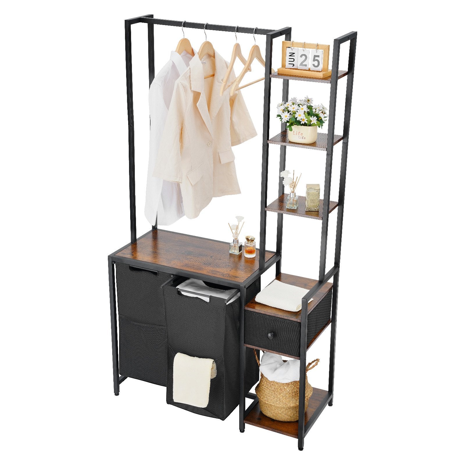 3 Tiers Laundry Sorter With Rack, Tall Laundry Hamper With Shelves And Drawers, 2 Section Freestanding Hanging Rack Stor