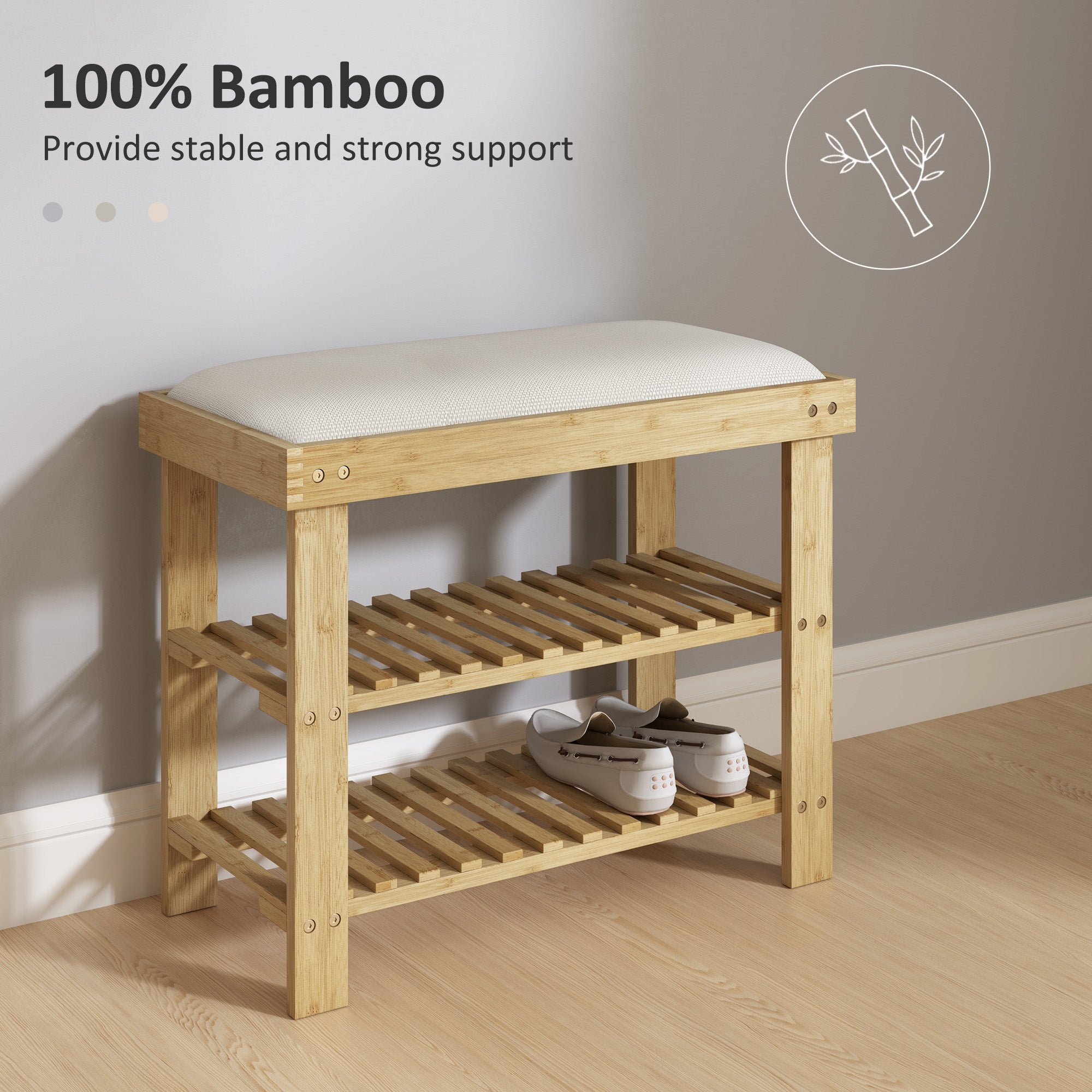 Bamboo Shoe Storage Bench, 3-Tier Entryway Bench with Cushion, Shoe Organizer for Entryway, Hallway, Natural
