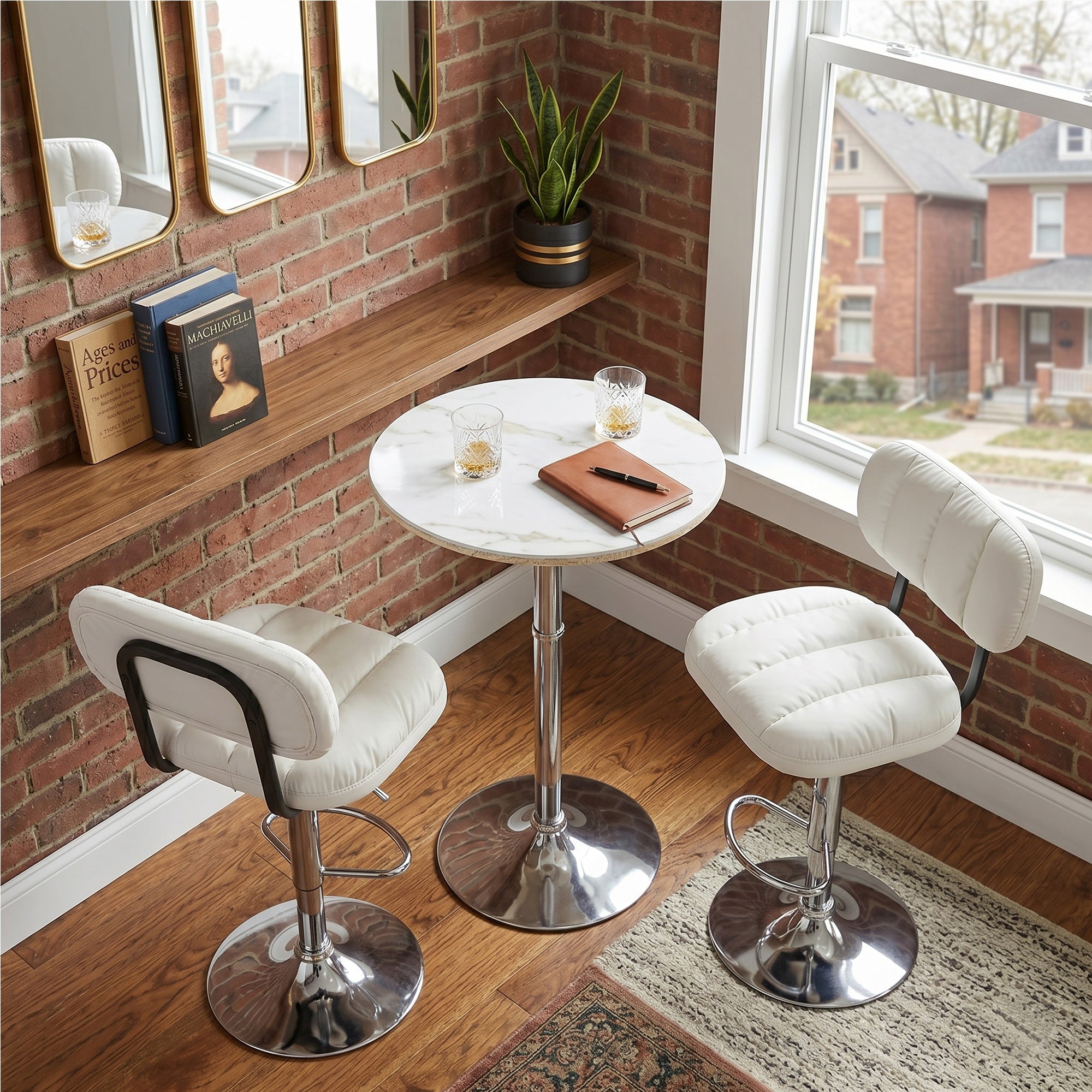 Set Of 2 Adjustable Height Bar Stools, White PU Leather Upholstered With Chrome Base & Footrest, Modern Comfort Stools F